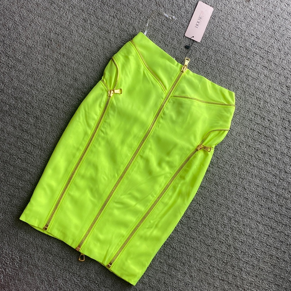 House Of CB, Neon Lime Midi Skirt With Gold Zippers, Size XS
